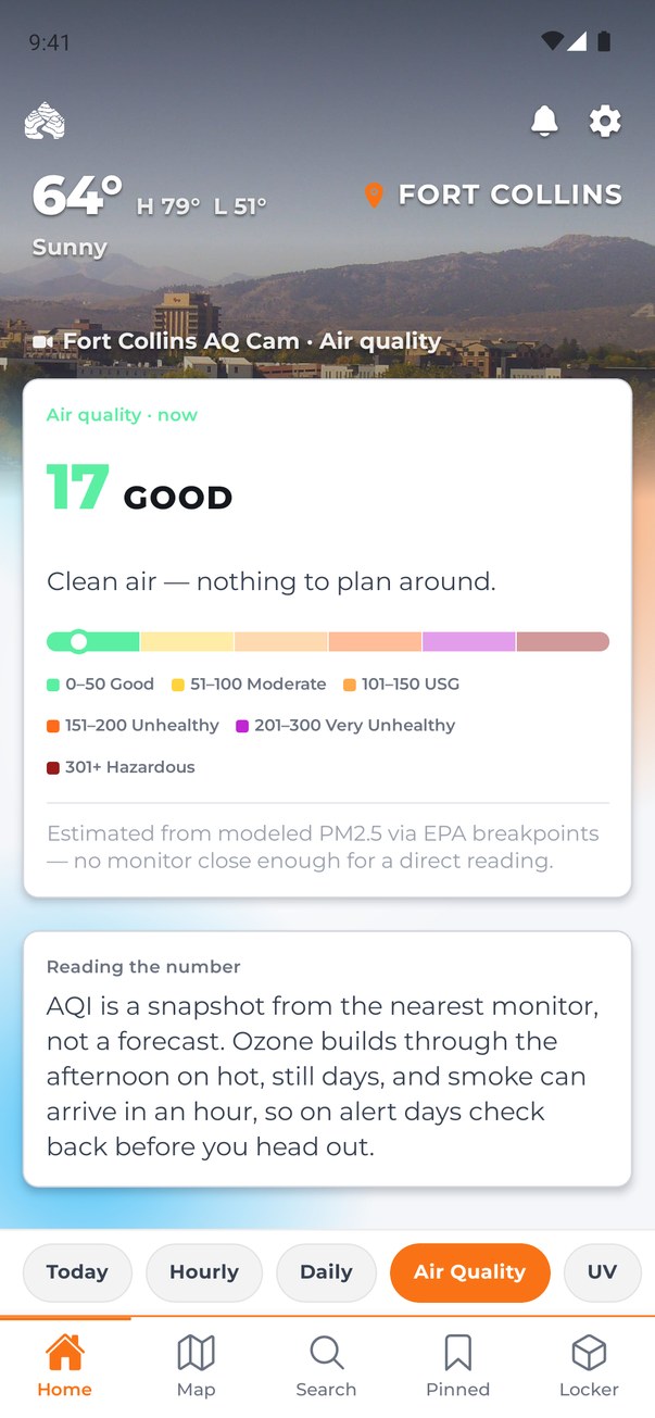 Air quality page showing an index of 17, Good, on a color scale with a plain-language note