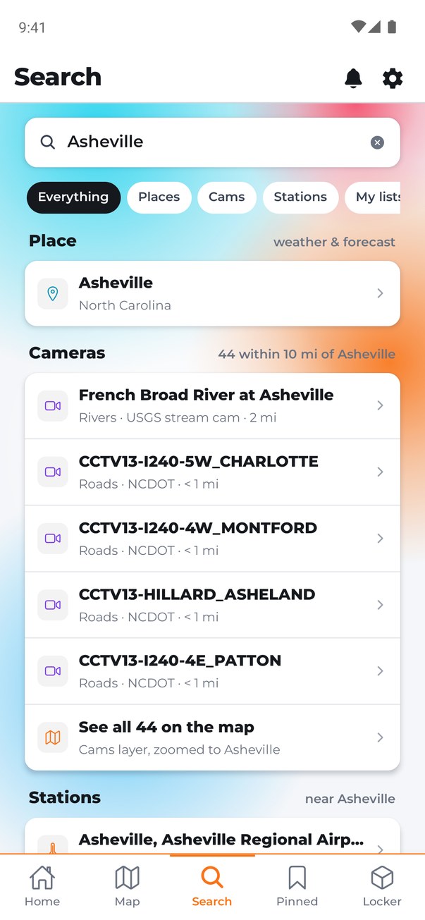 Search results for Asheville: the town, 44 cameras within 10 miles, and nearby stations