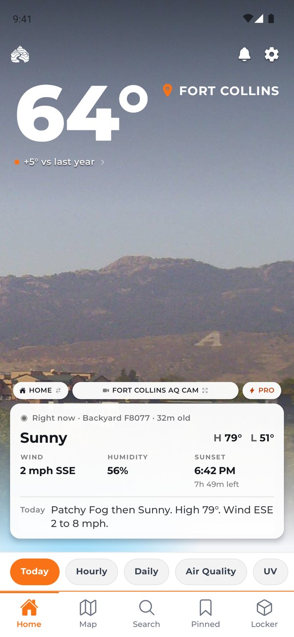 UpCanyon home screen: a live Fort Collins camera behind the current temperature, with a card showing sunny, wind, humidity, sunset and today's forecast