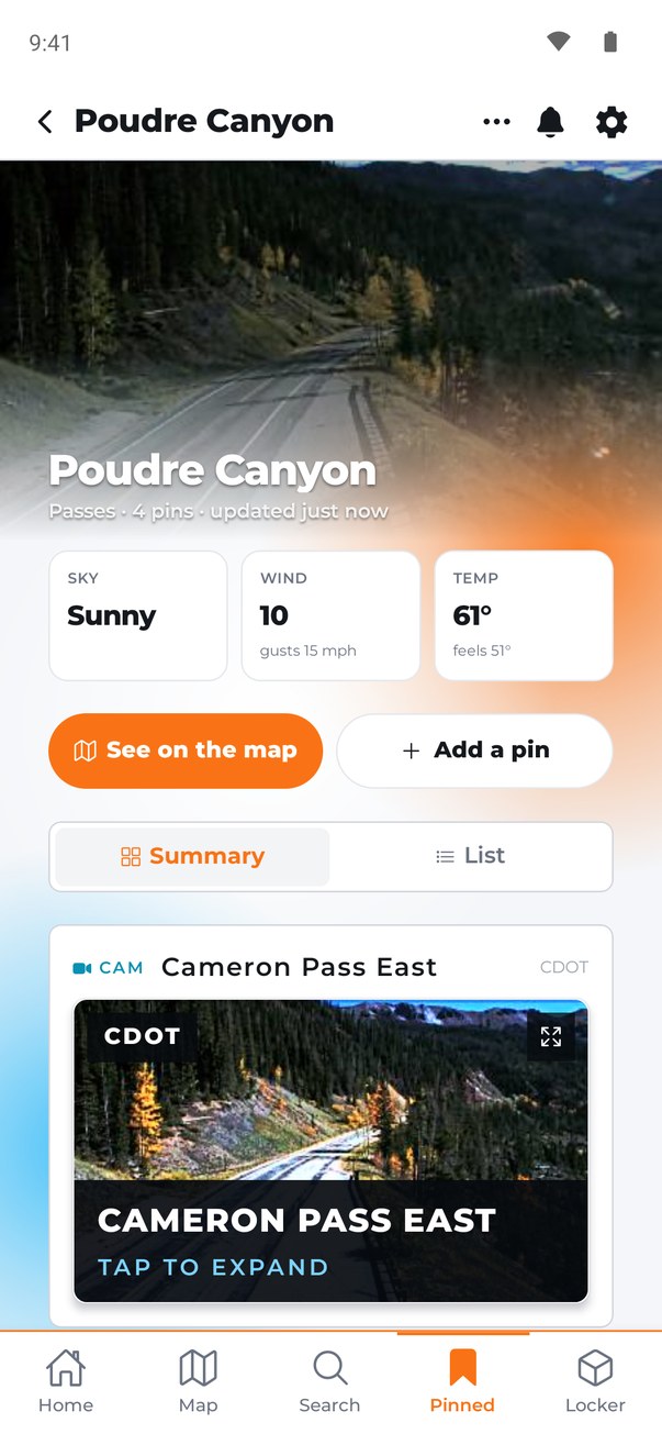 A list called Poudre Canyon with sky, wind and temperature tiles above a live Cameron Pass camera
