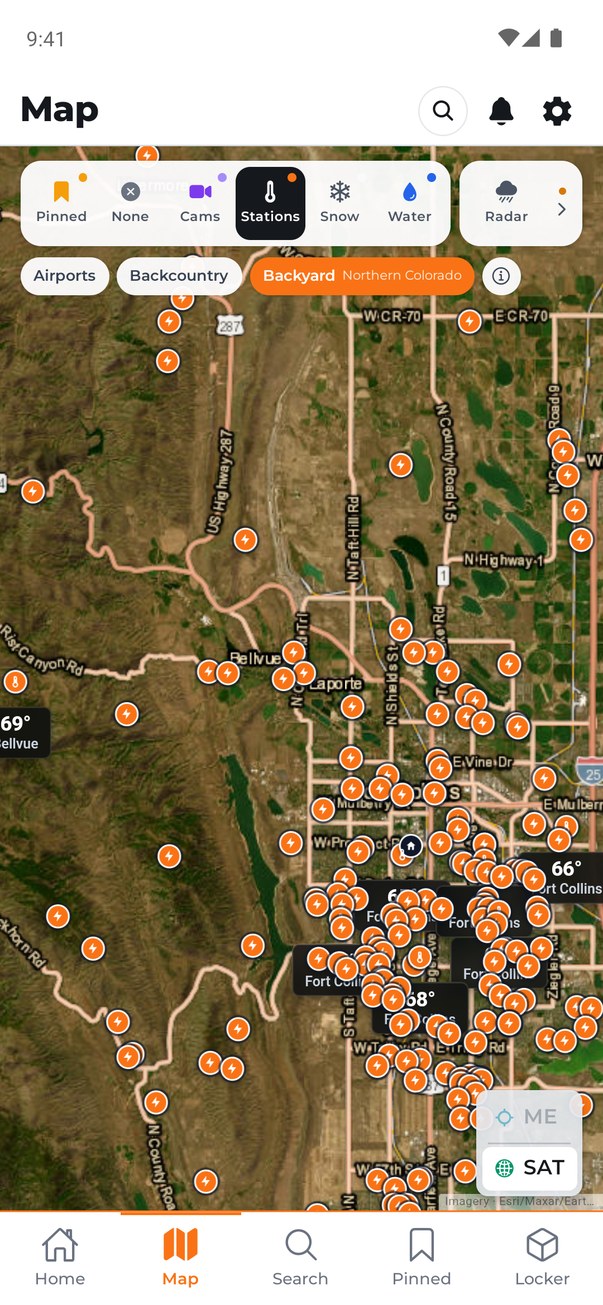 Map of Fort Collins and Laporte covered in backyard weather station pins
