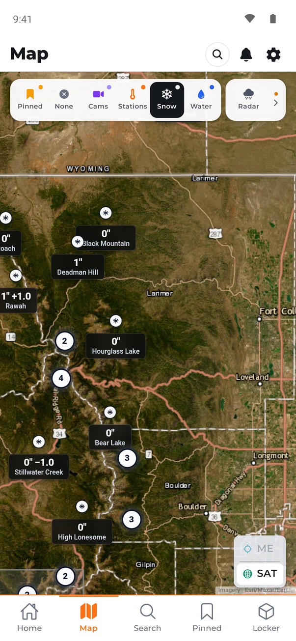 Snow layer showing snow depth at SNOTEL sites across the Northern Colorado mountains