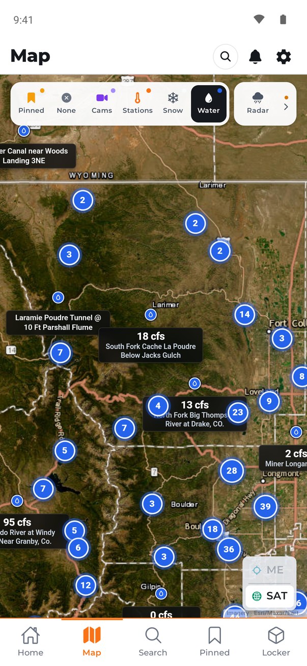 Water layer showing live river flows on gauges around the Poudre and Big Thompson