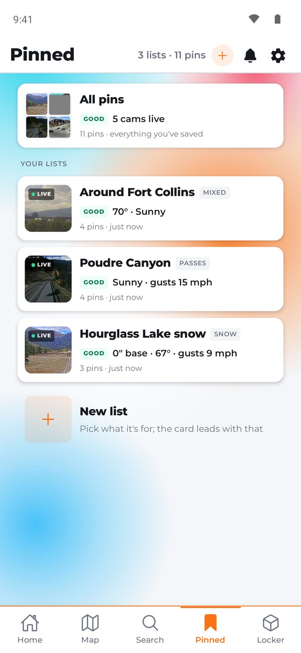 Pinned screen with three lists, each showing a live camera thumbnail and one line of current conditions