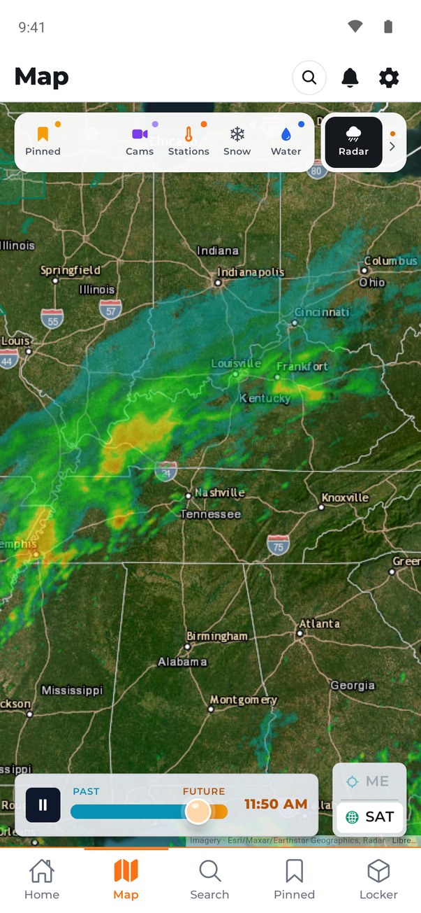 Live radar showing a line of storms from Memphis to Louisville, with a past-to-future time scrubber