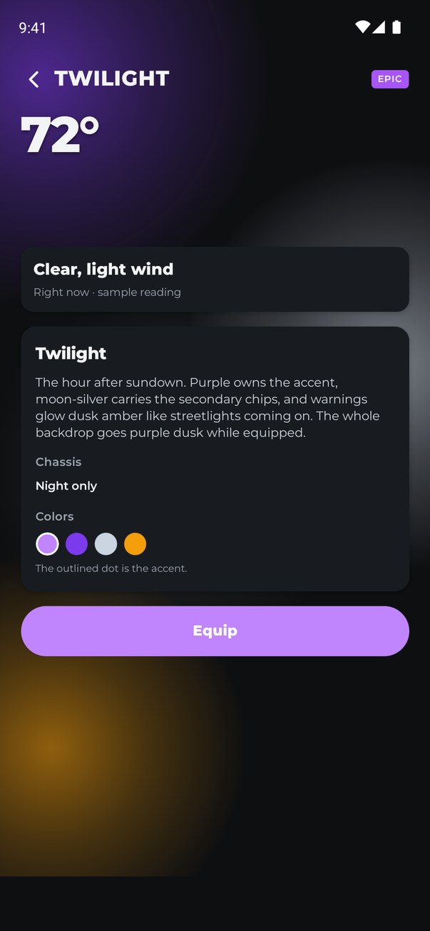 A preview of the Twilight theme: deep purple with amber accents