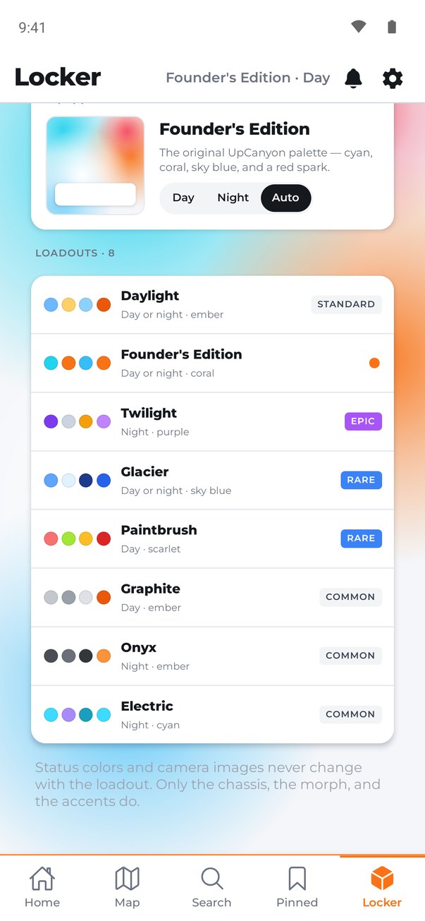 The Customize screen in the day theme, listing eight themes with their color swatches