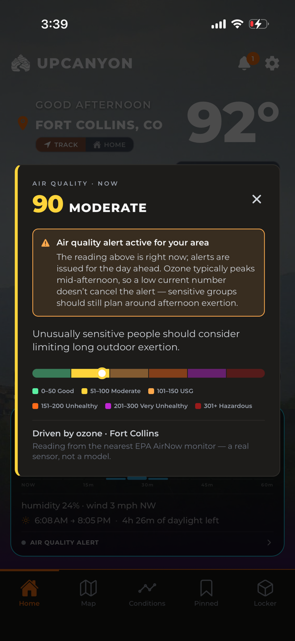 Air quality reading of 90, Moderate, from a real EPA sensor with an active alert explained