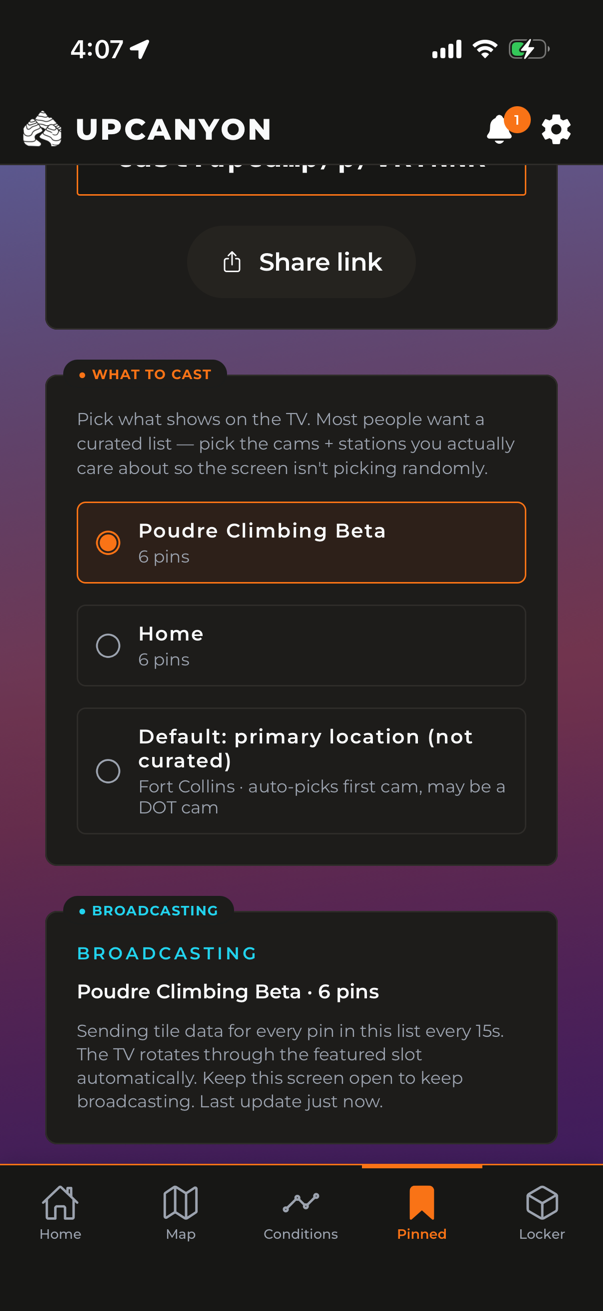 Choosing a pinned list to broadcast to a TV with Cast View, showing a live broadcasting status