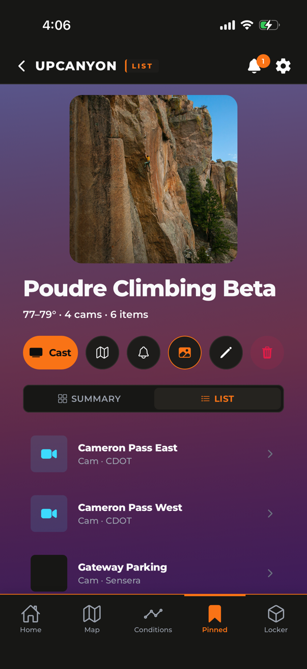 A pinned list called Poudre Climbing Beta with live cameras and a Cast button