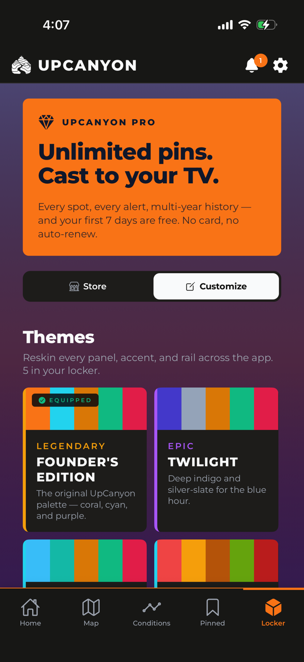 The Locker screen with UpCanyon Pro and unlockable app themes like Founders Edition and Twilight
